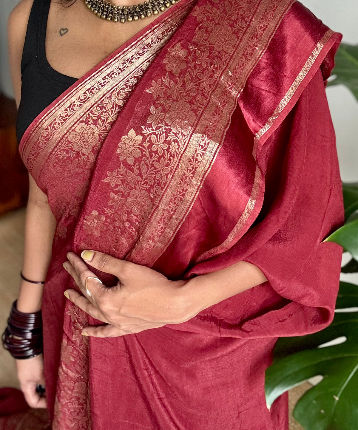 Maroon, semi crepe silk saree with antique gold floral border - YCLOKOC52