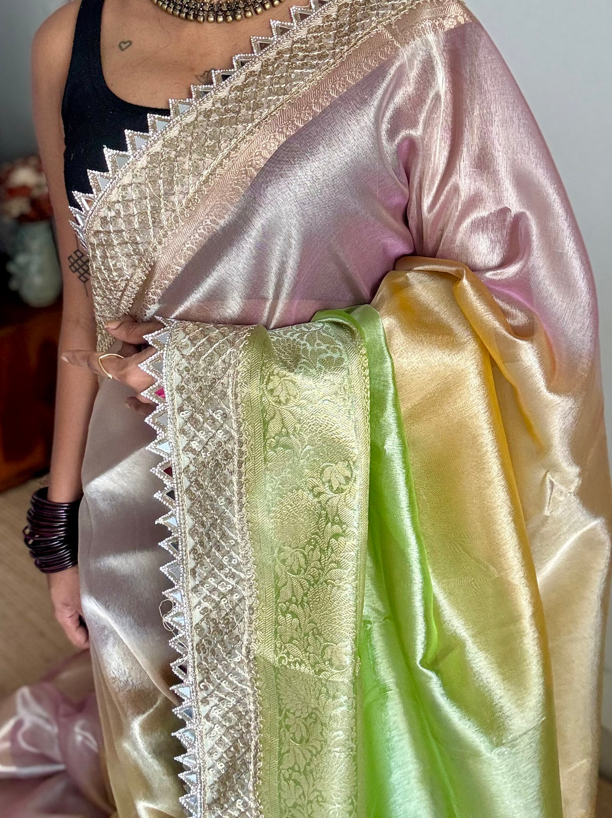 Pastel pink, green and yellow tissue Banarasi saree with embellished mirror border - YCBLTOC73