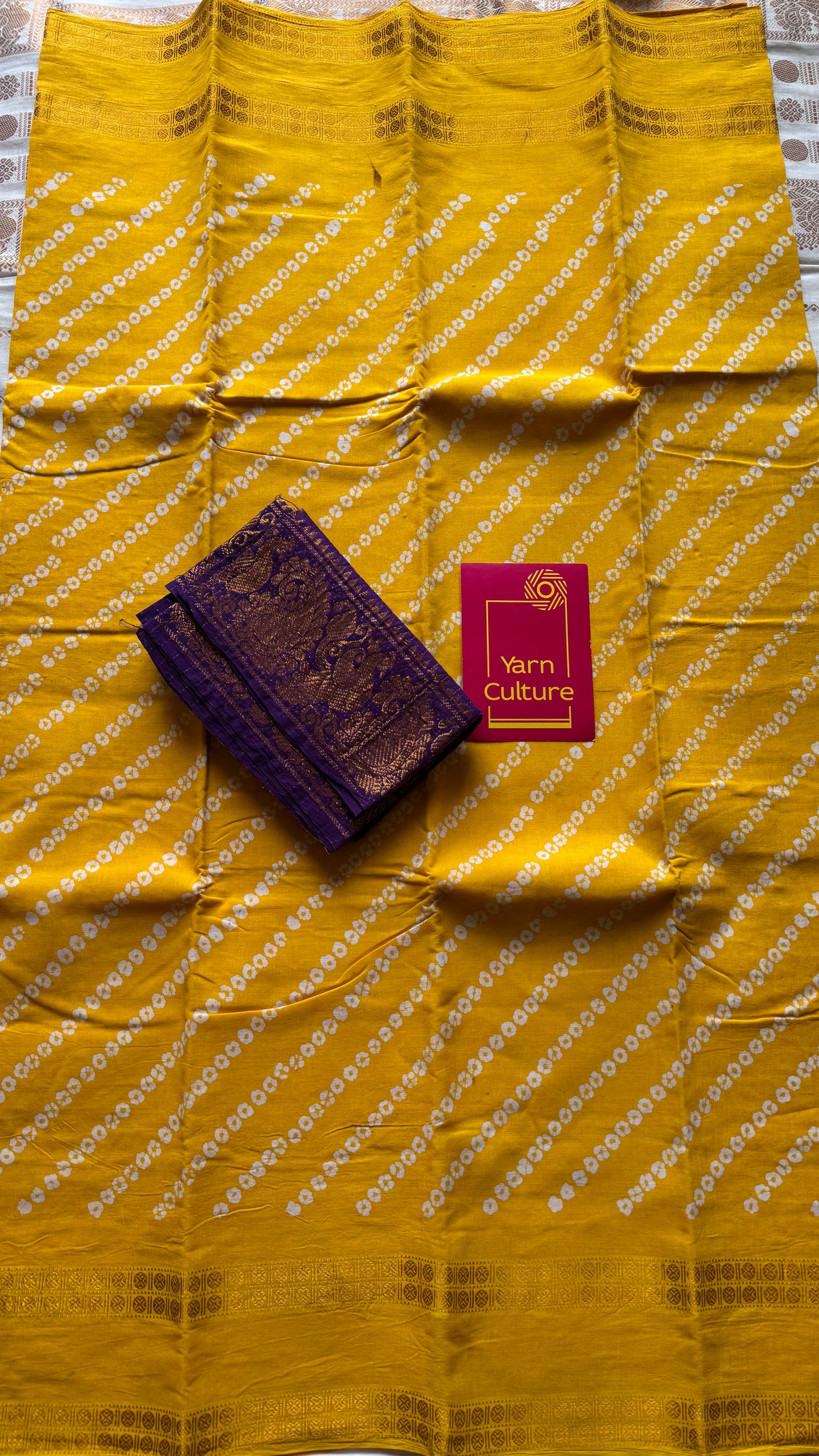 Yellow, wax dot printed sungudi, kattuchayam dyed madurai cotton - YCCOTNMSAP146