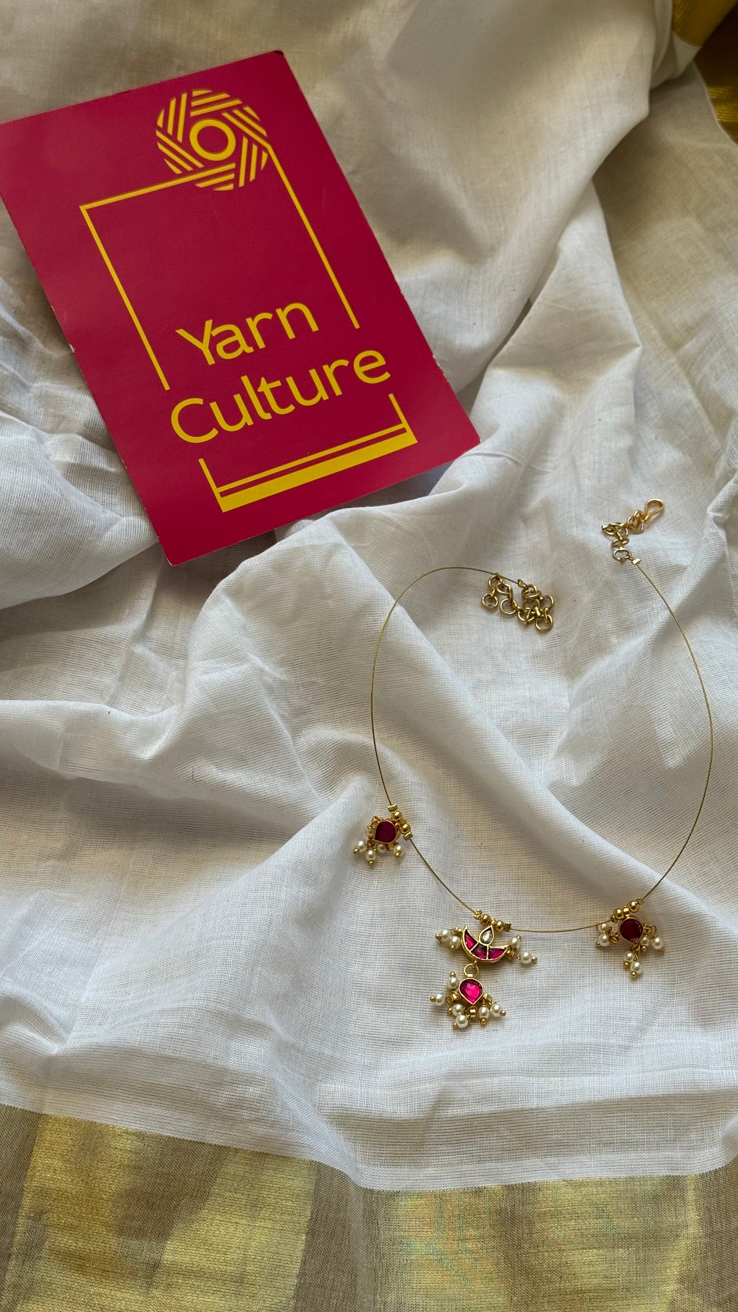 Invisible neckchain with jadau kundan stones & pearl hangings - ruby, white - YCGPNP692