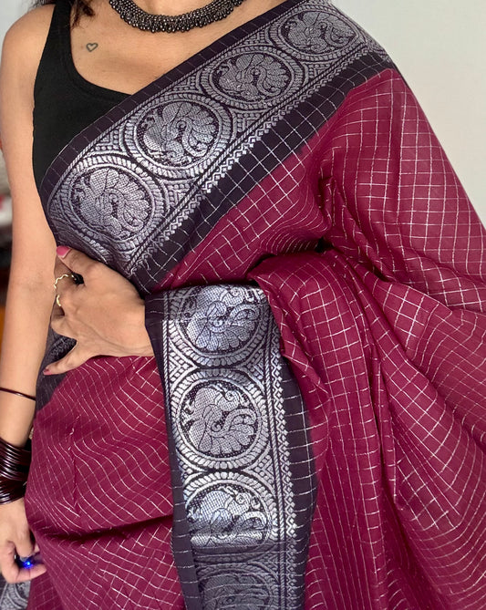 Dark wine with black, silver zari checkered sungudi, kattuchayam dyed madurai cotton - YCCOTNMSAP103