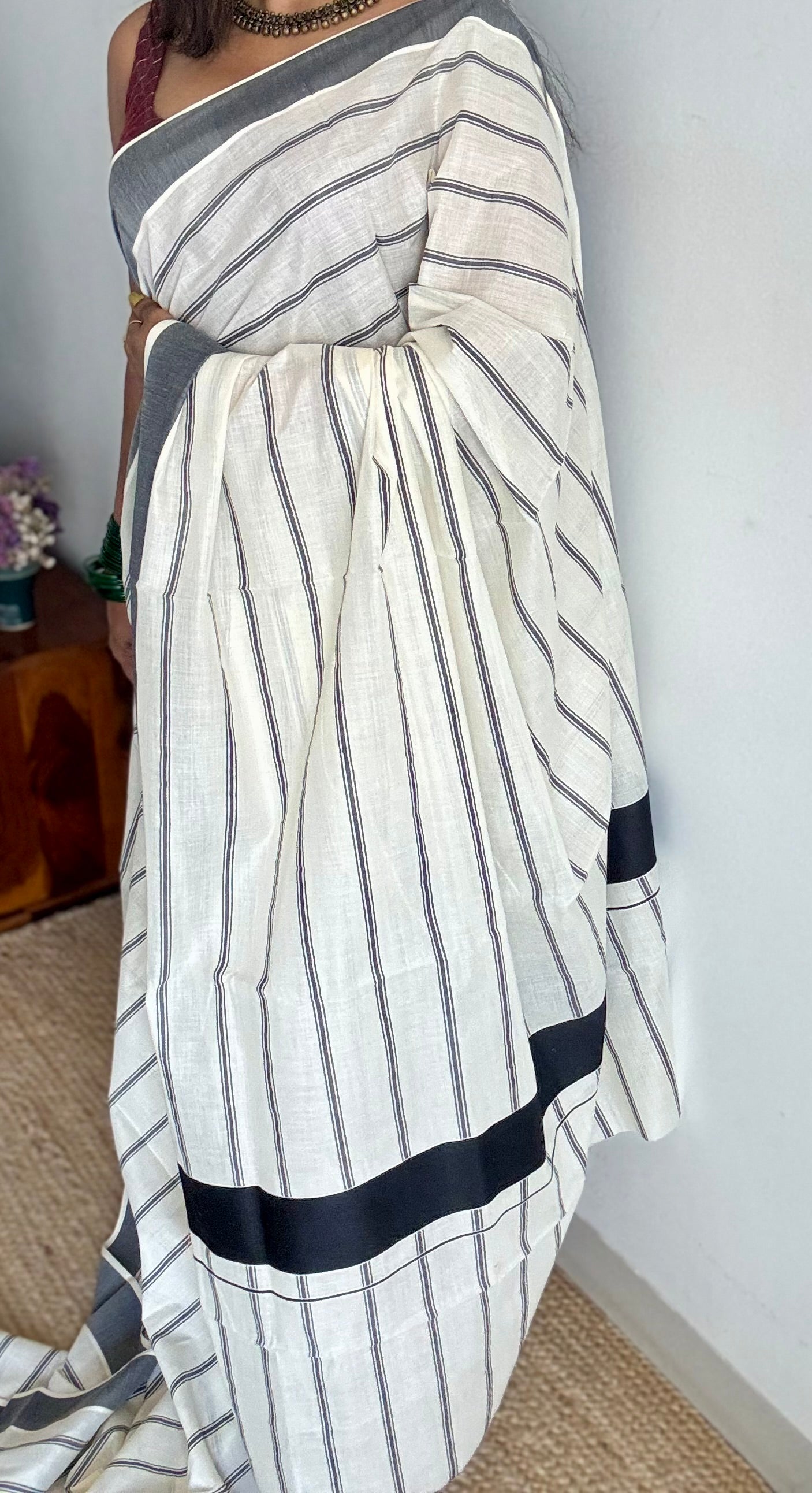 Ivory Kerala cotton saree with black stripes and border - YCIEKCFE321