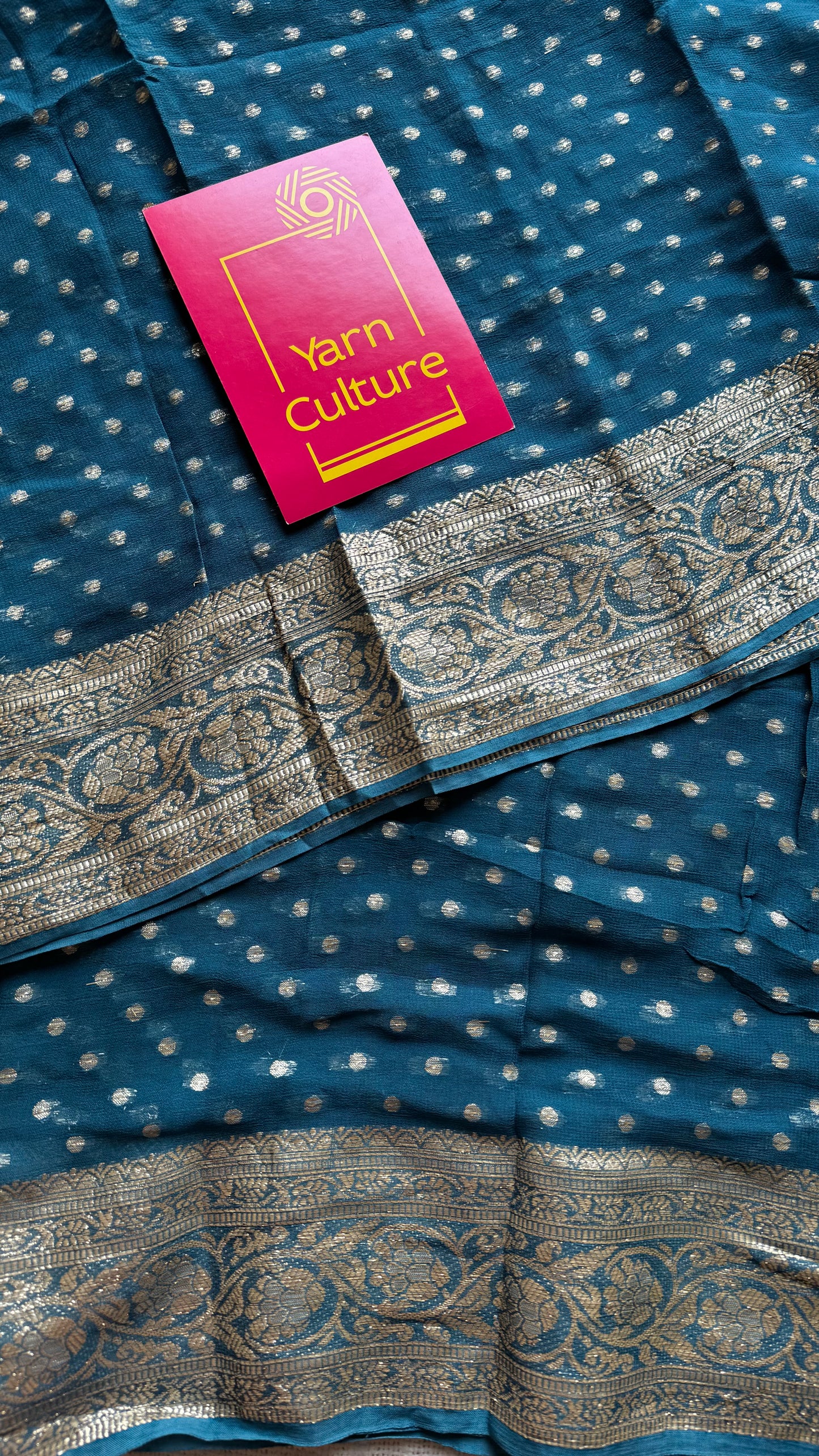 Peacock blue viscose georgette saree with zari motifs - YCDOSFE209