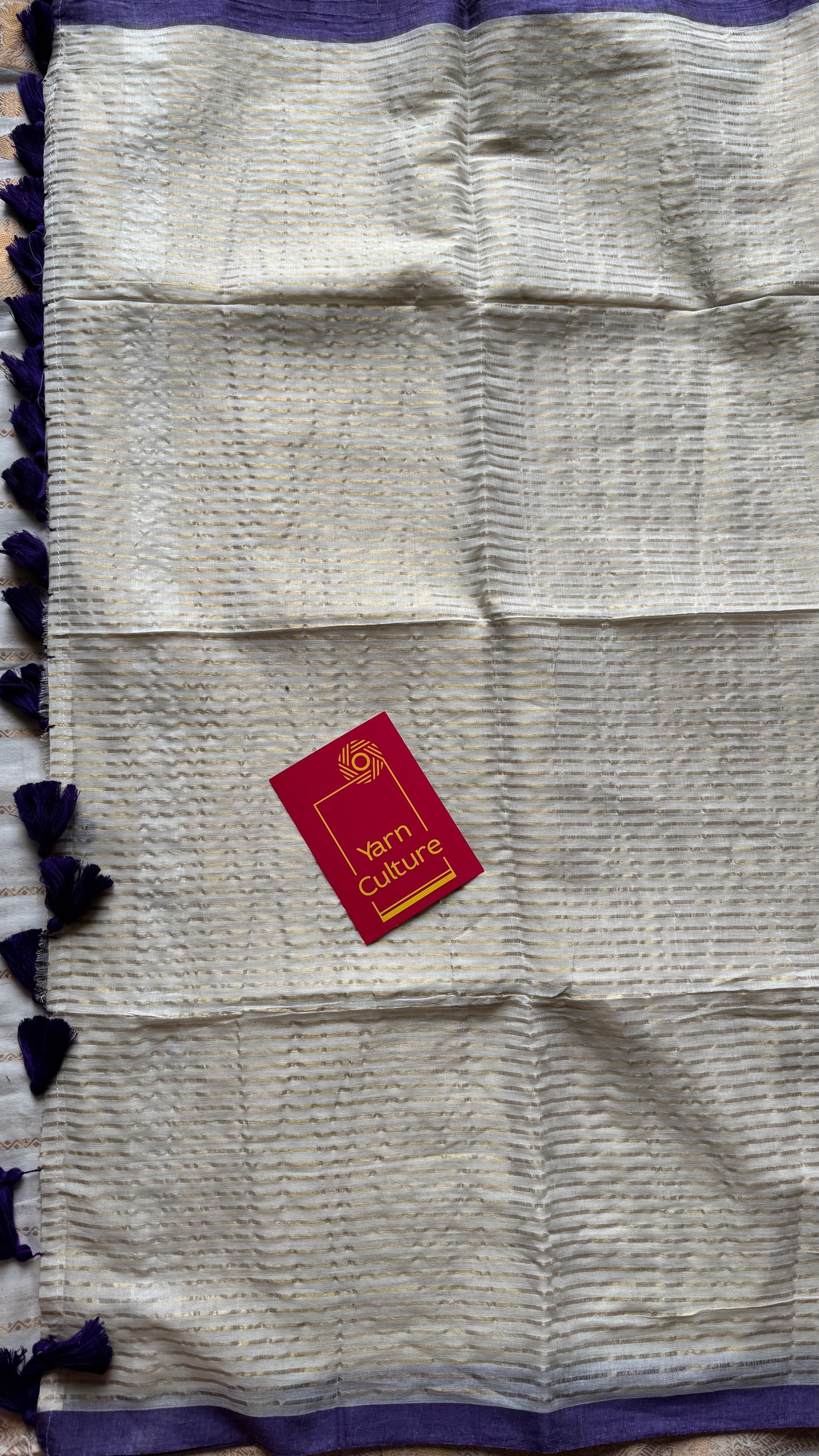 Ivory mul saree, gold stripes, purple border - YCIEON21