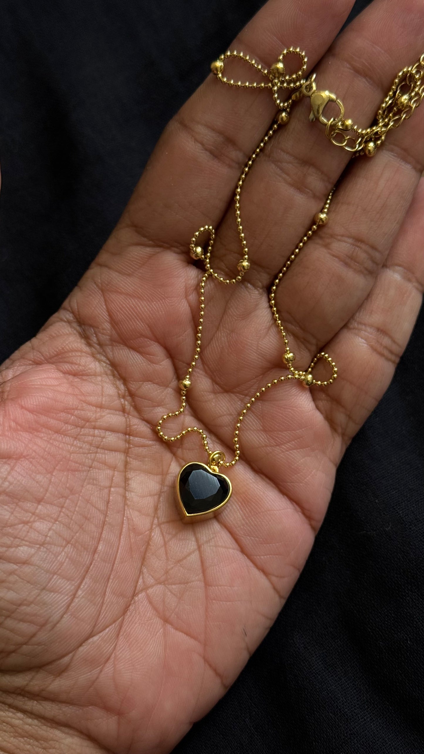 Gold plated chain, black heart pendant - YCGPC248