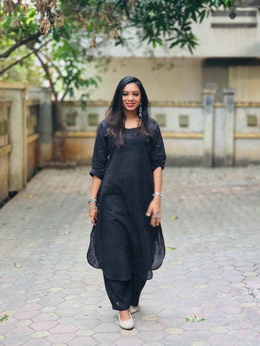 Black cotton round-neck stitched kurta co-ord set, three-fourth sleeves - YCSEBPSFE250