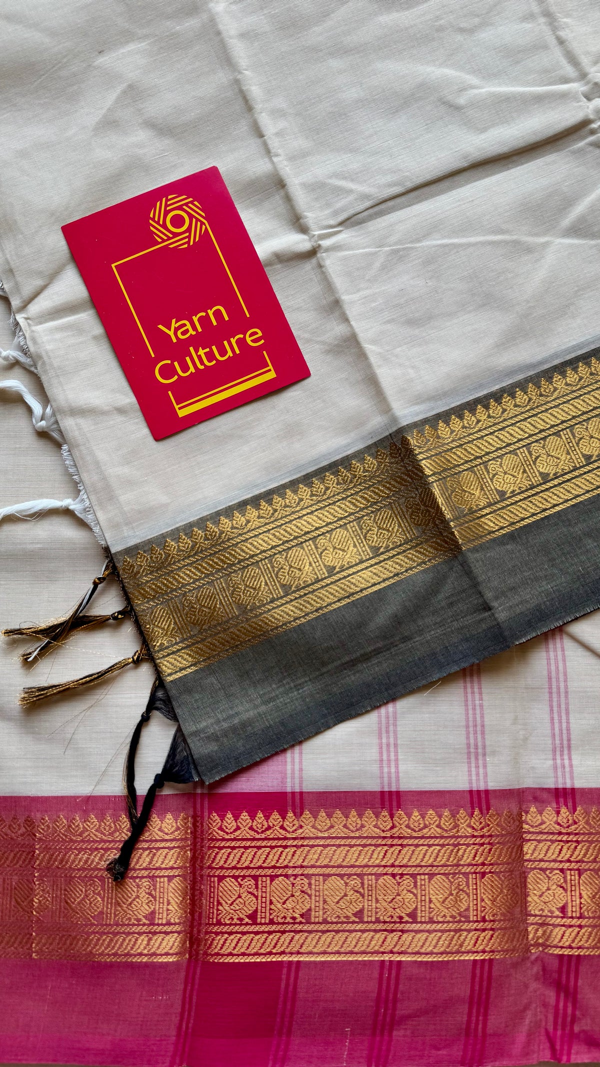 Ivory with pink and black ganga jamuna zari border kanchi cotton saree - YCCOTNCKSE22