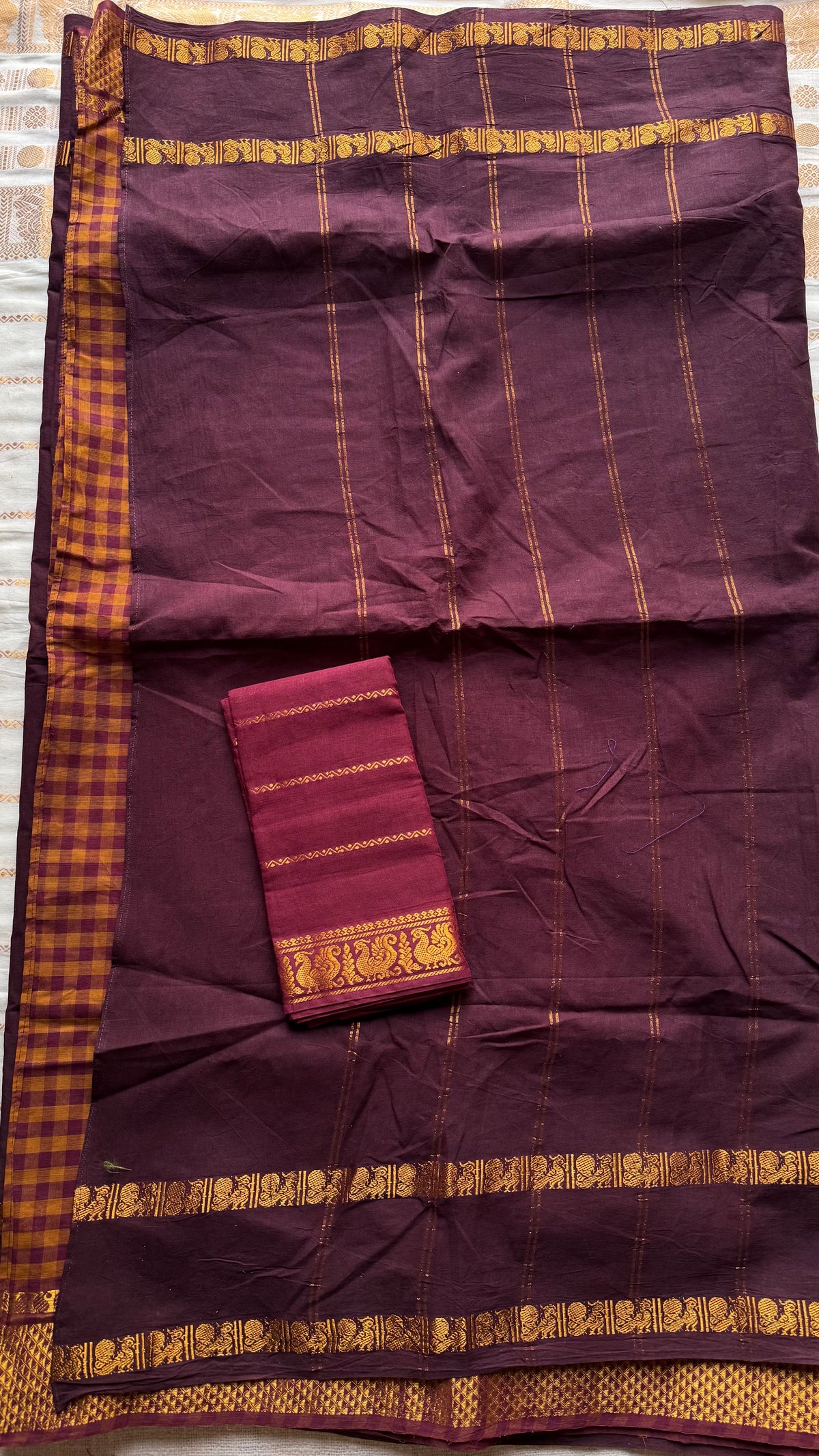 Maroon and rust orange with maroon, sungudi and chettinad cotton half-half saree - YCCOTNIDOC40