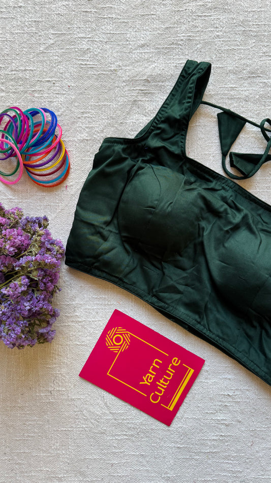 Dark green sleeveless cotton silk stitched blouse, back open, padded - YCSESBP105