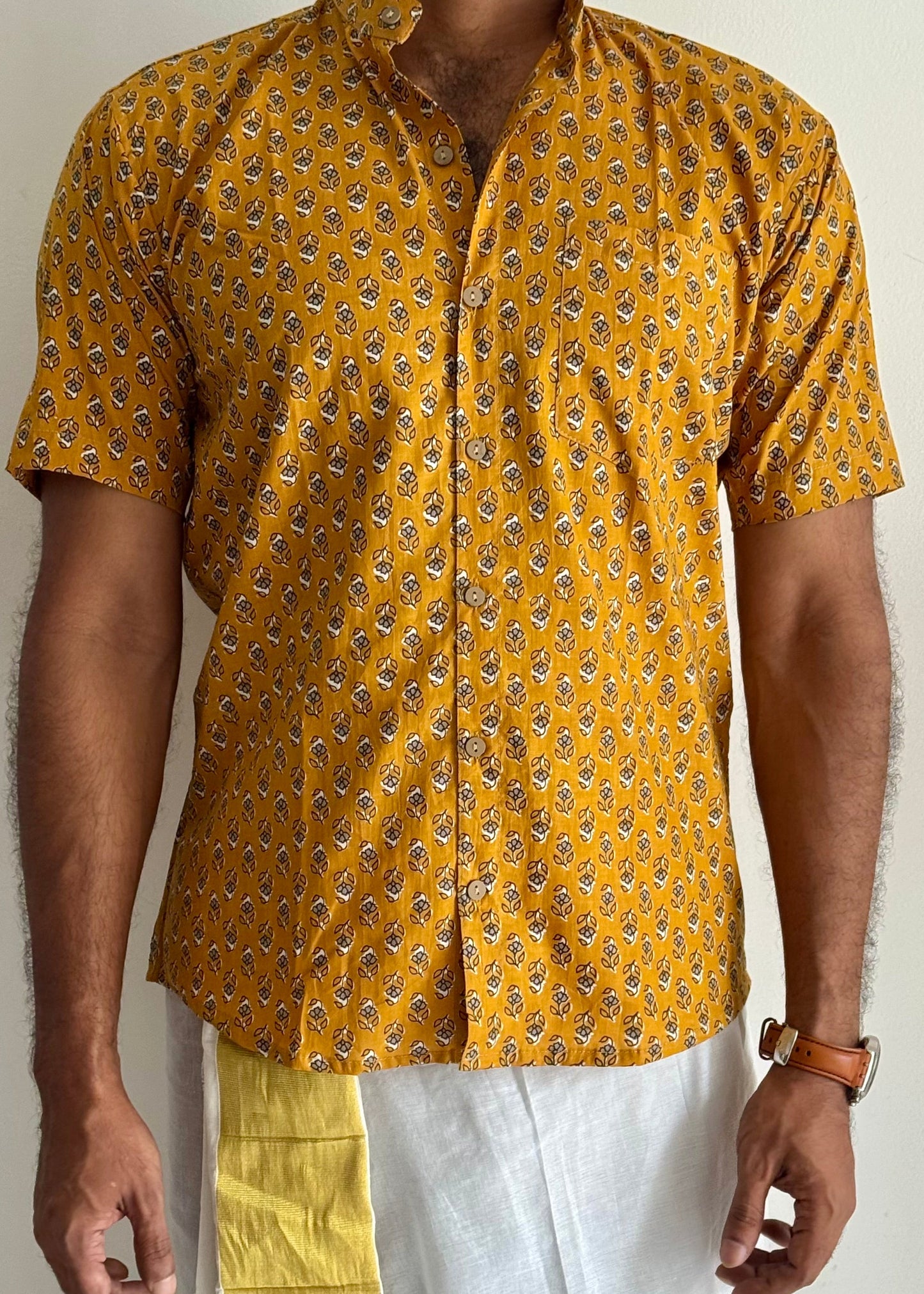 Turmeric Yellow Floral Motif Block Printed Cotton Men's Half Sleeve Mandarin Collar Kurta Shirt - YCMSEIE193