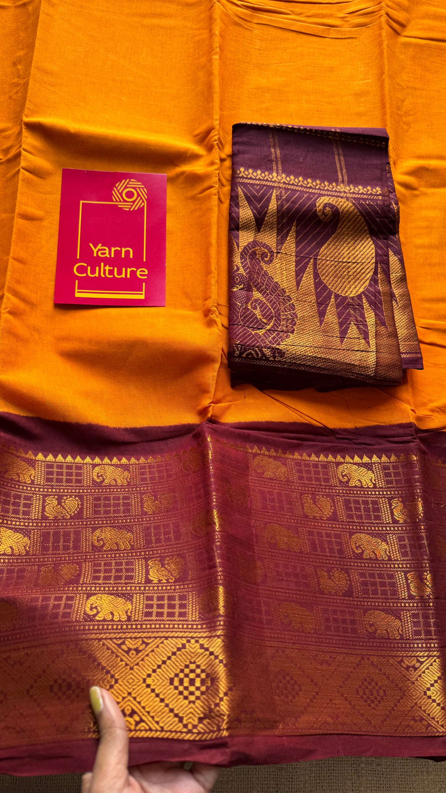 Mango yellow with maroon border, sungudi, madurai soft cotton - YCCOTNSUJA02