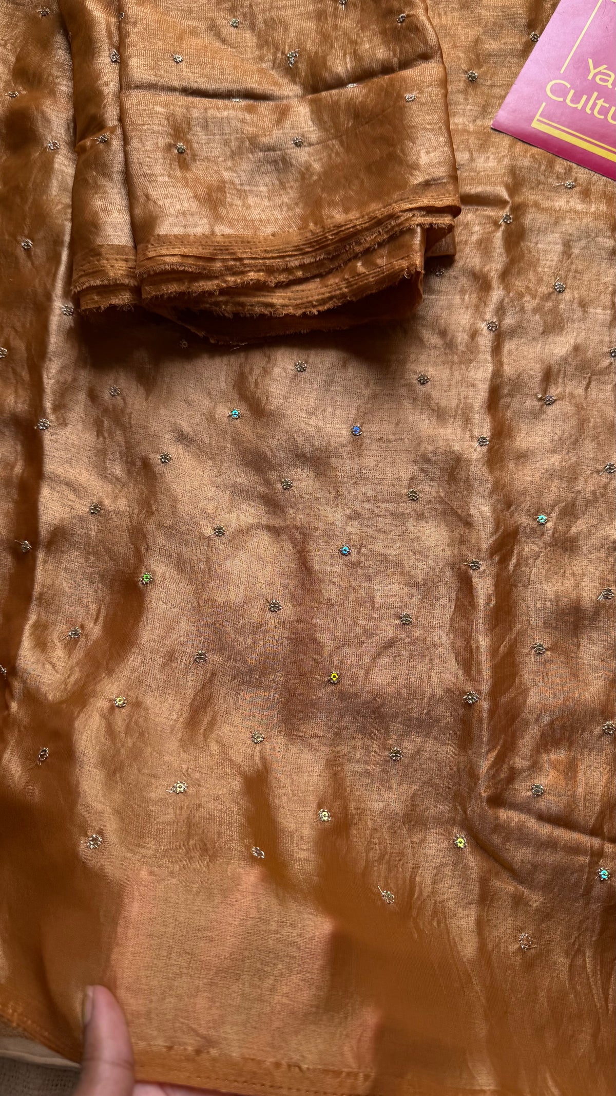 Metallic dual tone space silk saree, sandal gold with sequins - YCDOSOC47