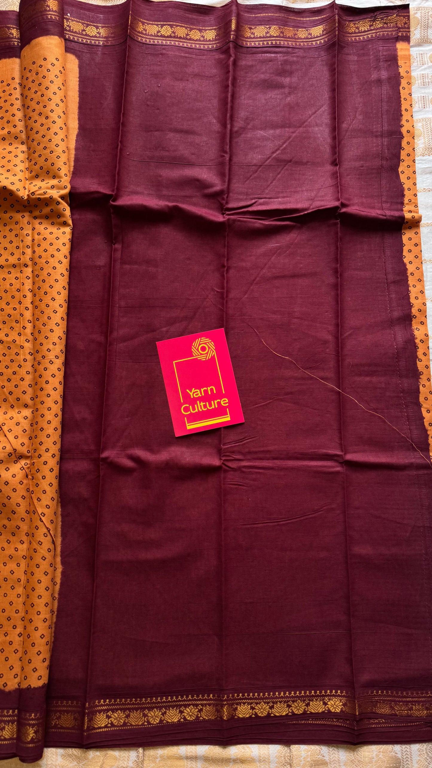 Light orange with maroon contrast, kattuchayam dyed madurai cotton saree - YCCOTNMA249