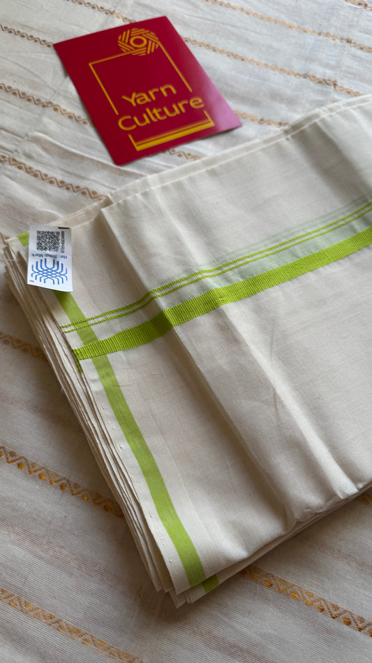 Ivory Chendamangalam Handloom Double Mundu with Light Green Kara | Soft Cotton Men's Dhoti- YCMSEIE177