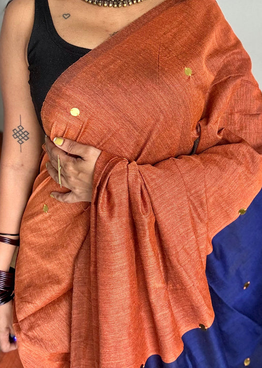 Orange with blue contrast pallu, gini sequins, soft cotton saree - YCBCSCOC08