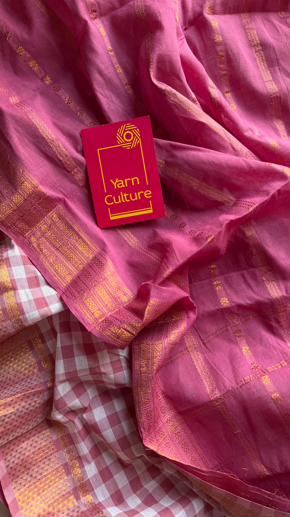 Dusty pink with multicoloured checks, sungudi and chettinad cotton half and half saree - YCCOTNIDOC136