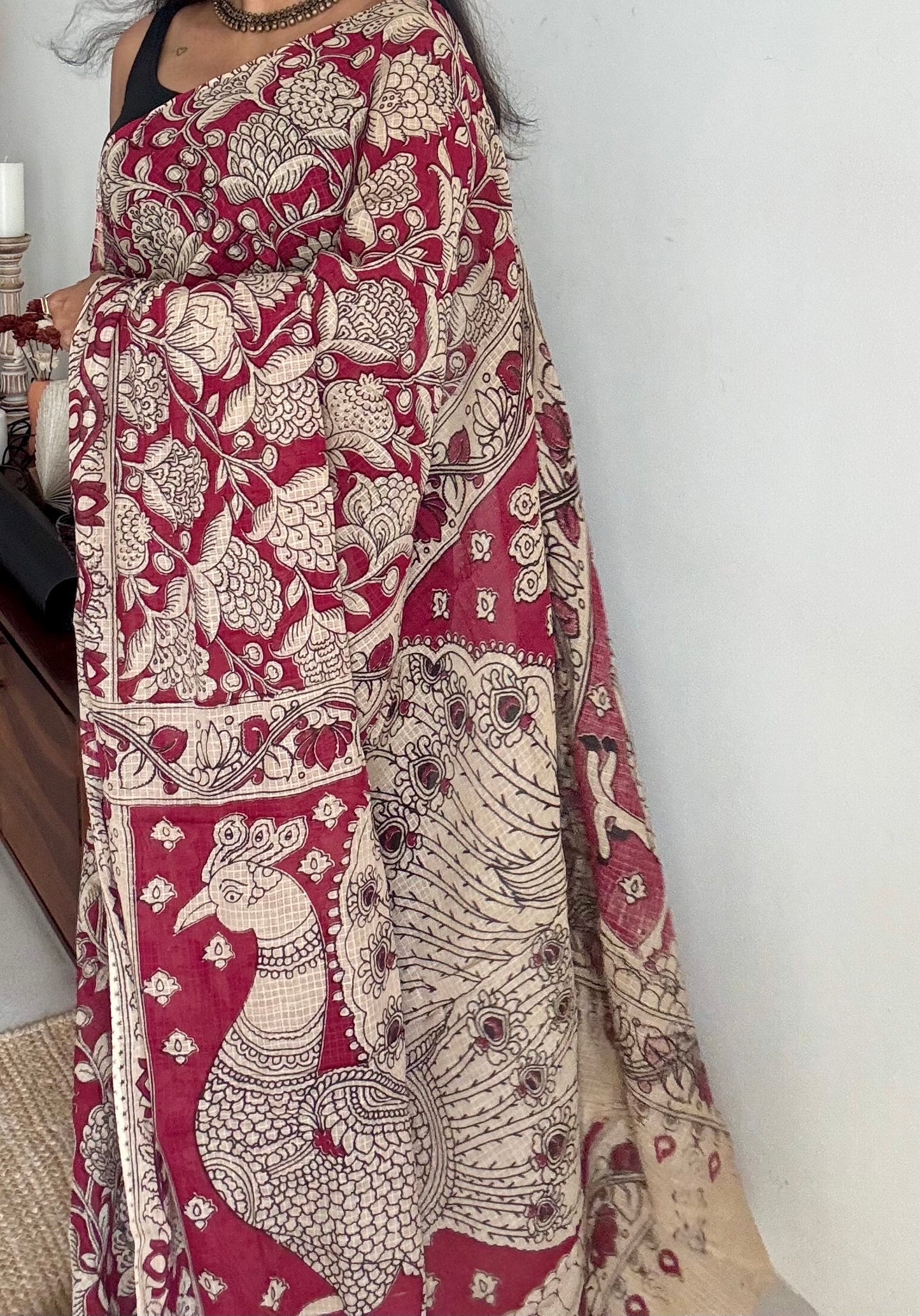 Crimson floral kalamkari saree in kota - YCWOTDMA354