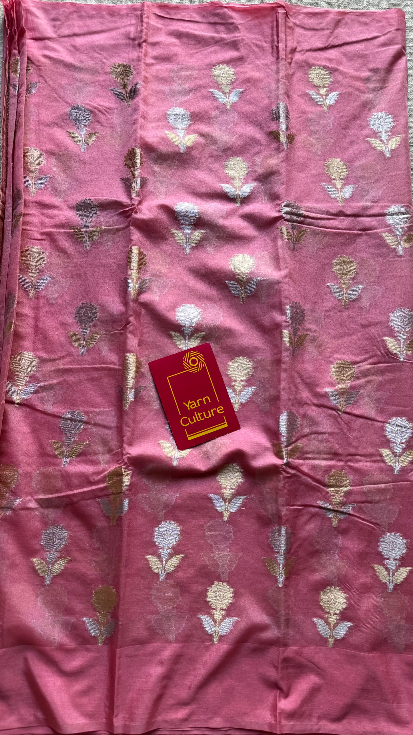 Pink with gold and silver floral buttas, Banarasi semi-crepe silk - YCDESE47