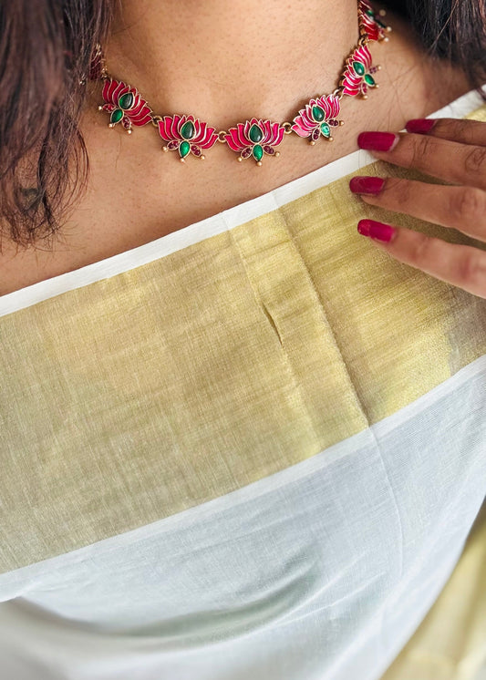 Rani pink and green lotus, with earrings - YCAGC131