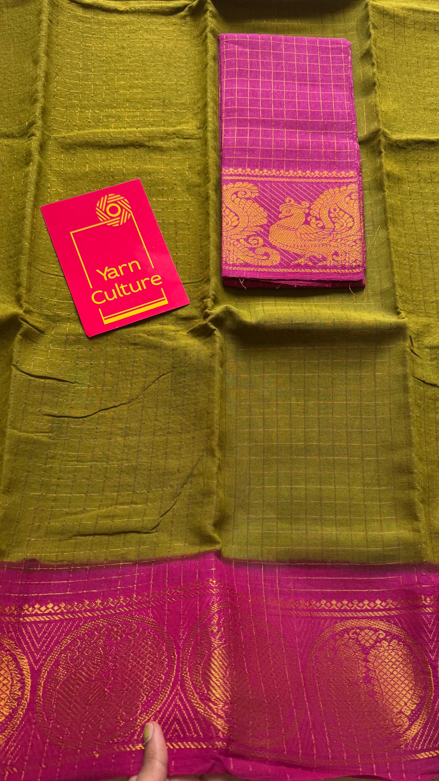 Olive green with magenta contrast zari checkered sungudi, kattuchayam dyed madurai cotton - YCCOTNJU25