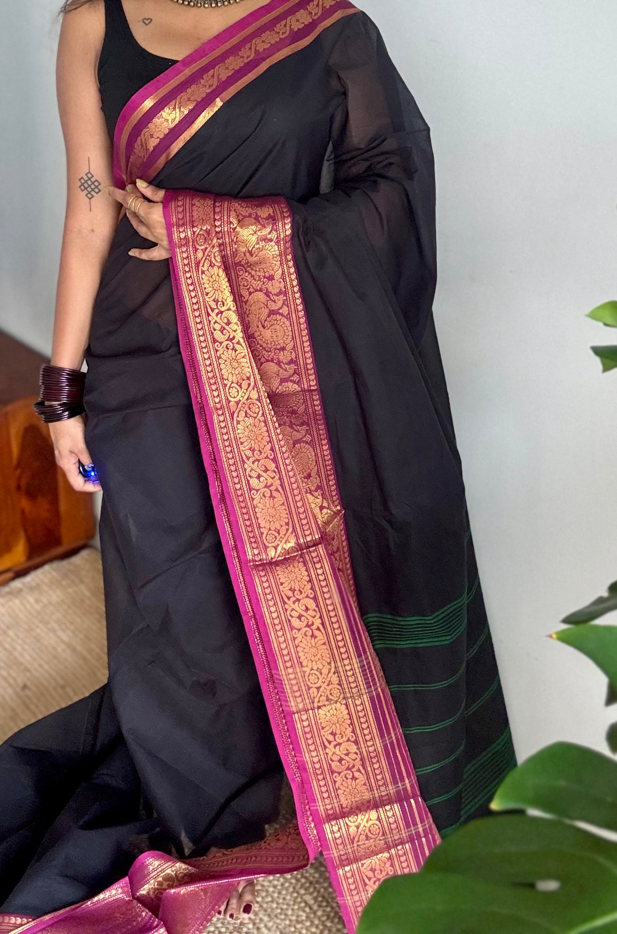 Black with purple pink (vadamalli) wide zari border kanchi cotton saree - YCCOTNCKSE20
