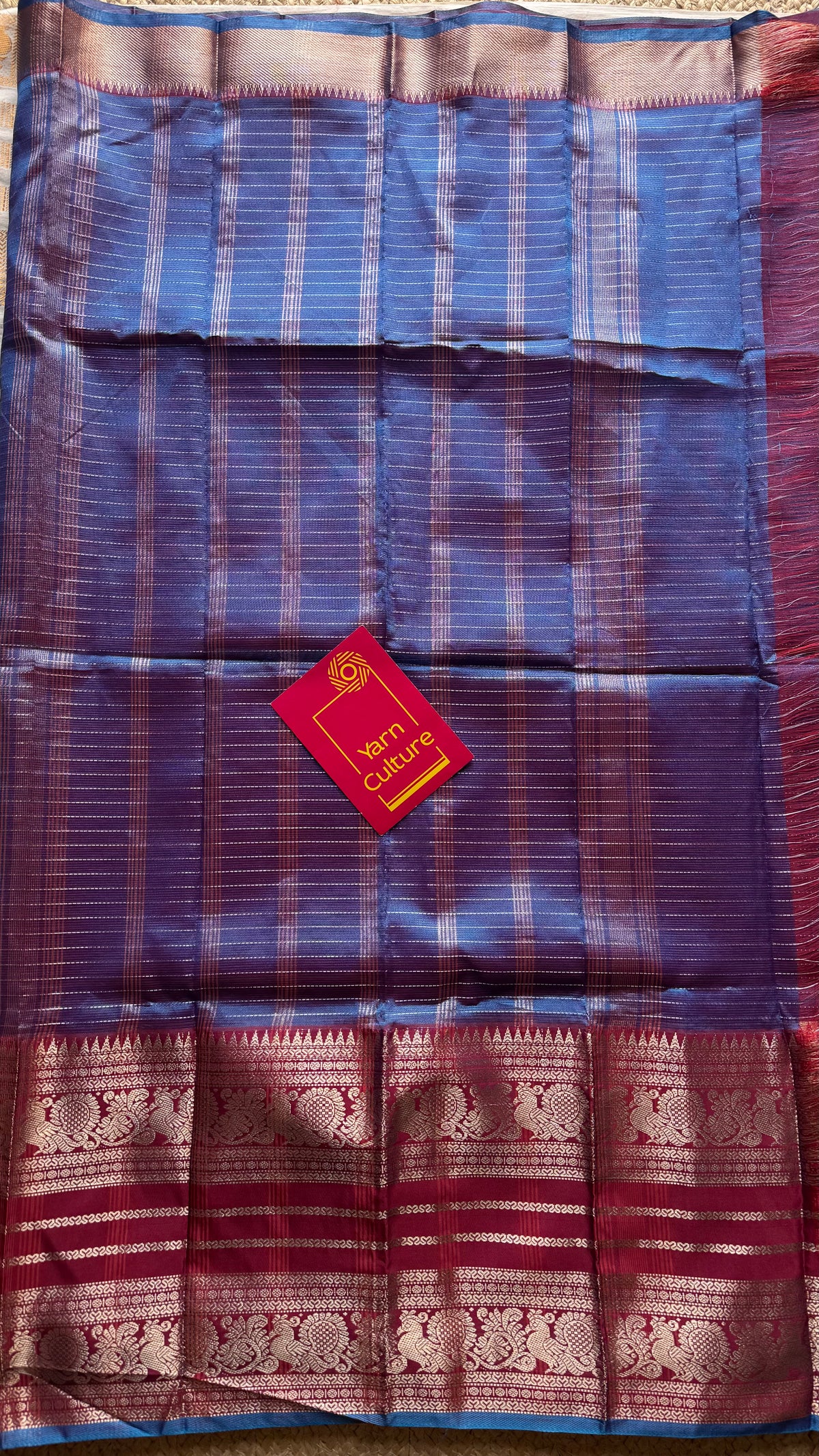 Orange with blue silver zari checks, silver and gold peacock woven zari border, mangalgiri silk cotton, handwoven, soft, light weight - YCWOTDMSCOC122