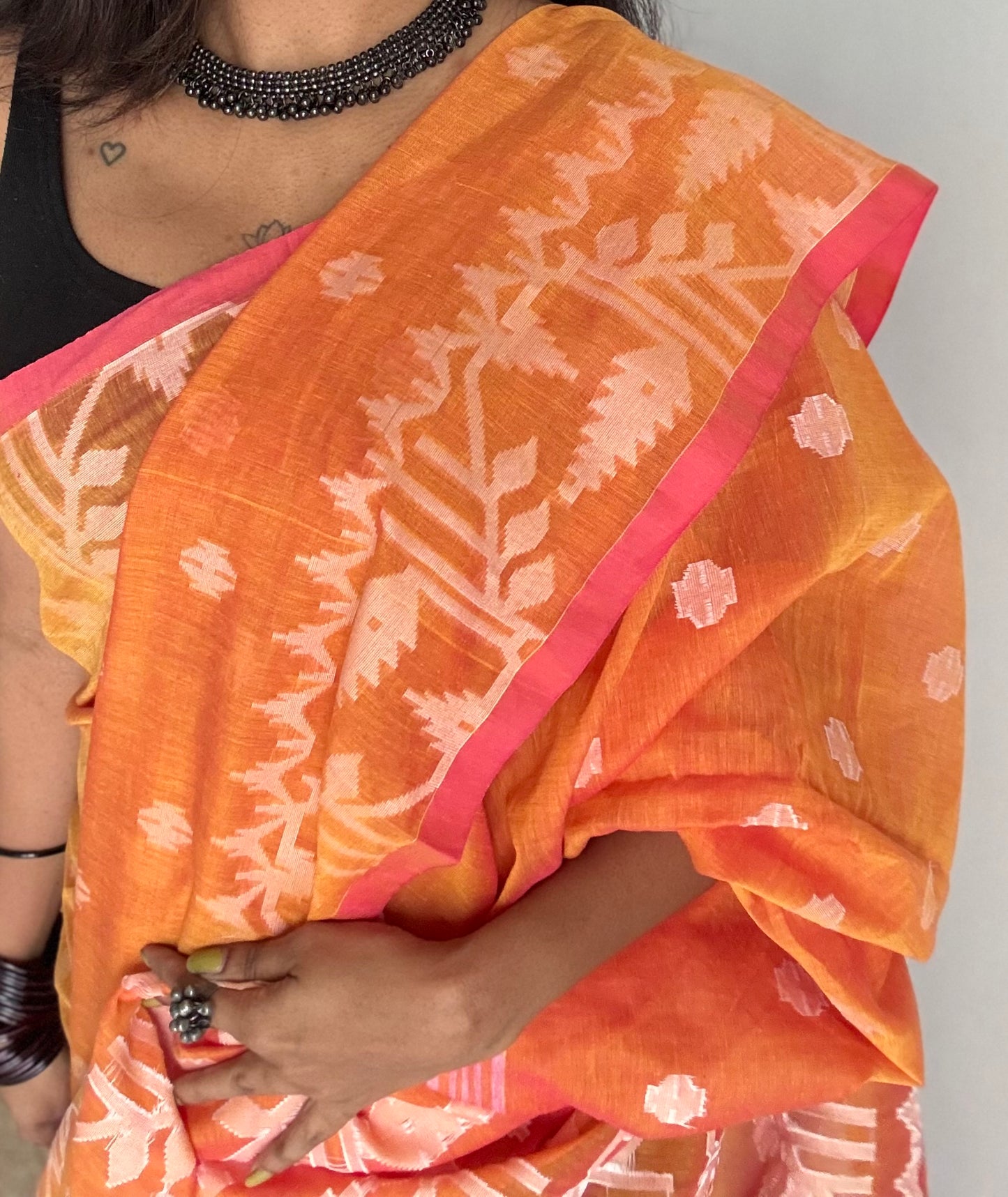 Orange pink double tone jamdani in soft cotton - YCBCKJJA140