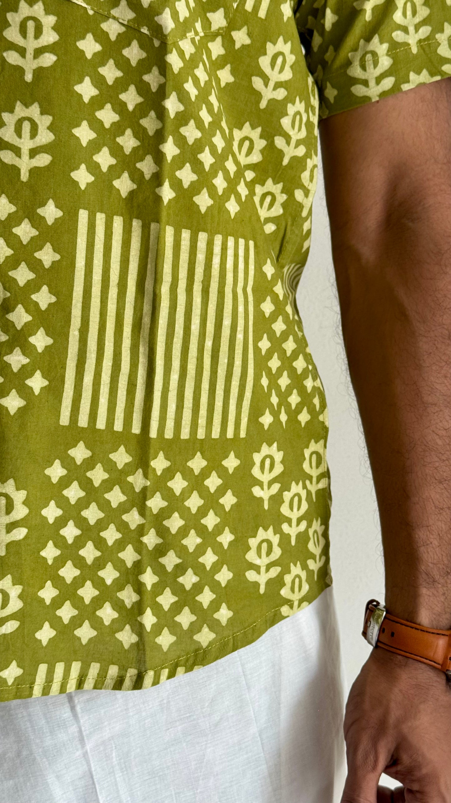 Light Green Motif Block Printed Cotton Men's Half Sleeve Mandarin Collar Kurta Shirt- YCMSEIE191