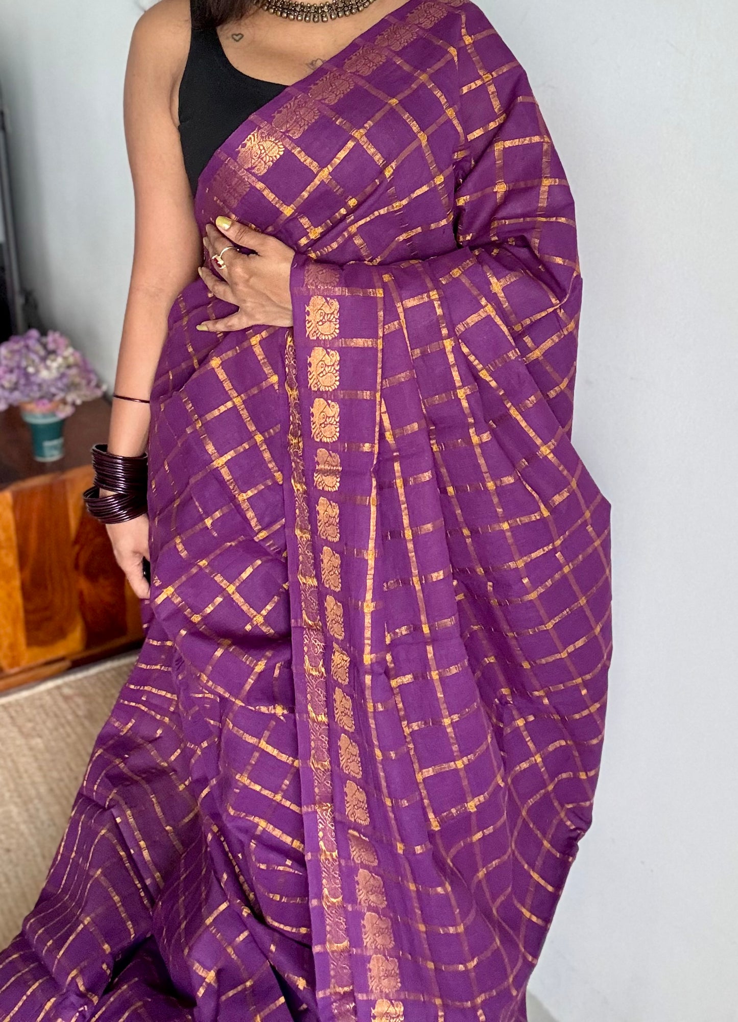 Purple pavithra kattam kattuchayam dyed madurai cotton saree - YCCOTNMSFE140
