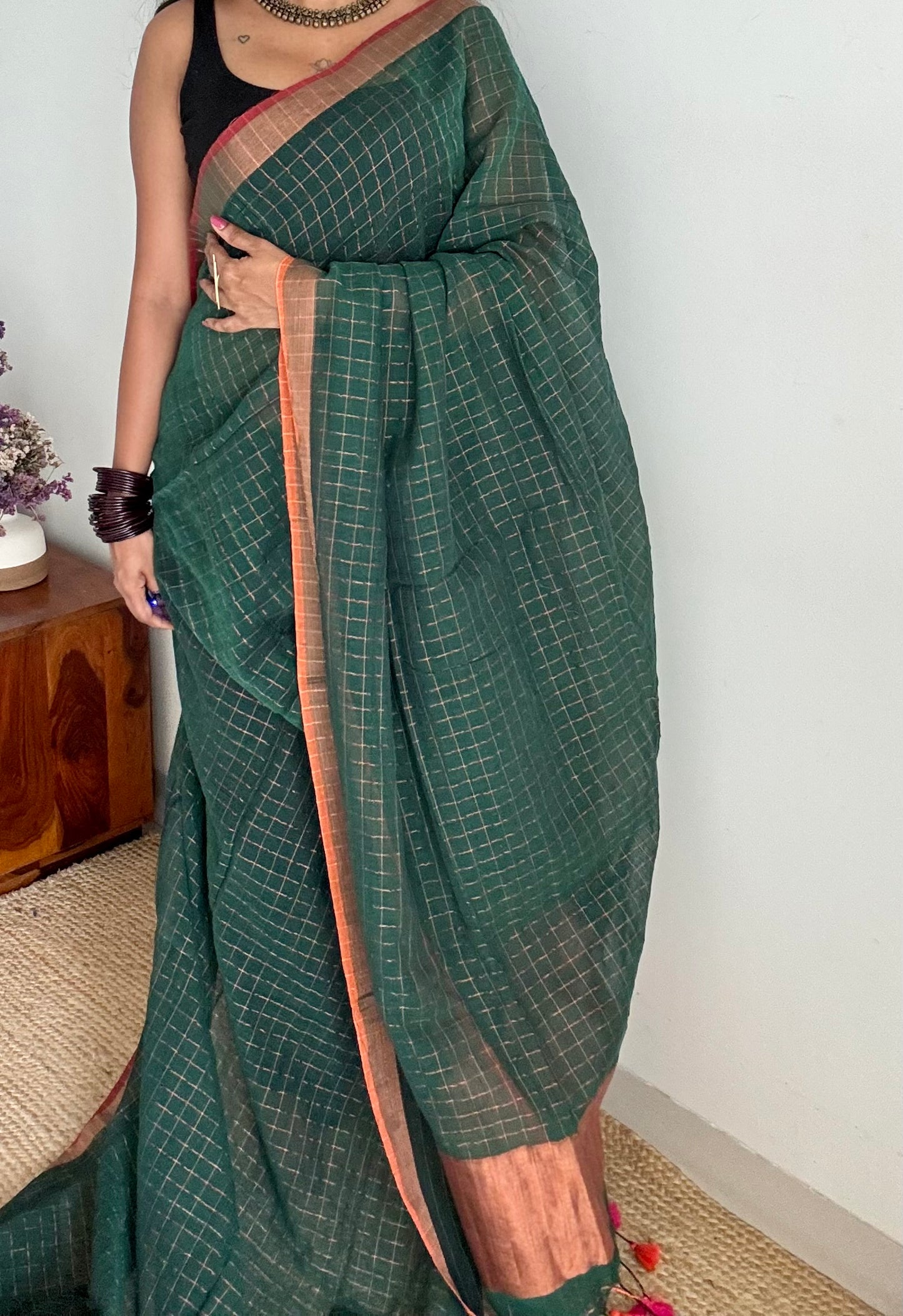 Green linen by cotton saree, gold checks & copper zari pallu - YCBCLCAP56b