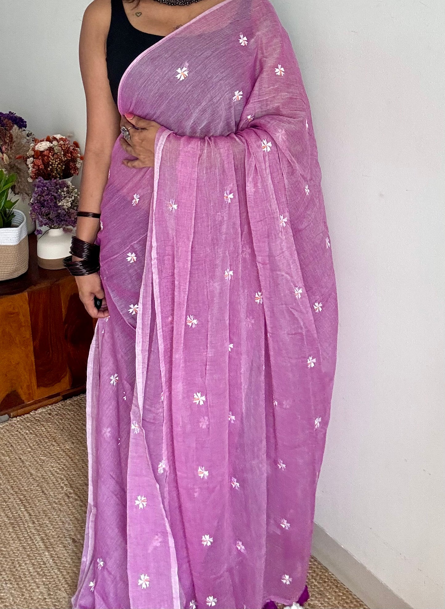 Mauve pink parijat mul cotton saree  - YCBCMCAP33