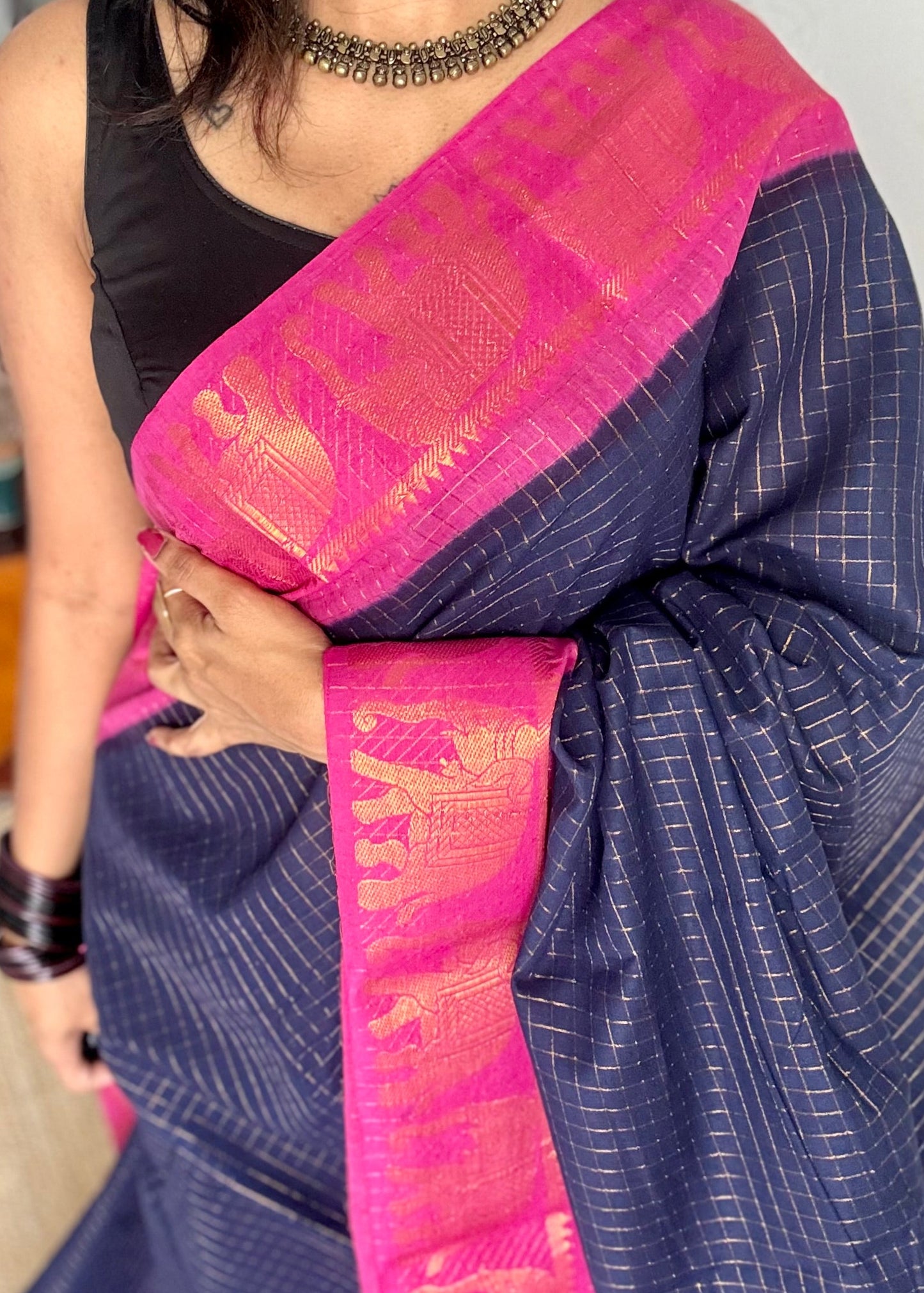 Dark blue with pink checkered sungudi, madurai cotton - YCCOTNOCSC20