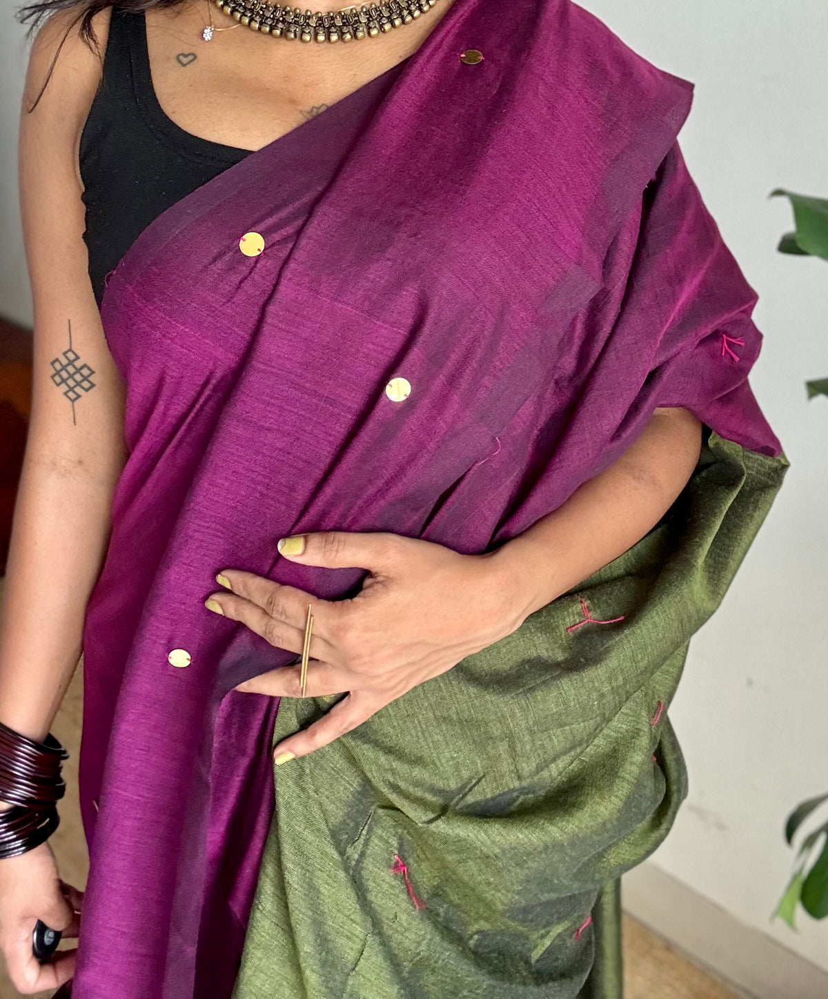 Wine with olive green contrast pallu, gini sequins, soft cotton saree - YCBCSCOC06