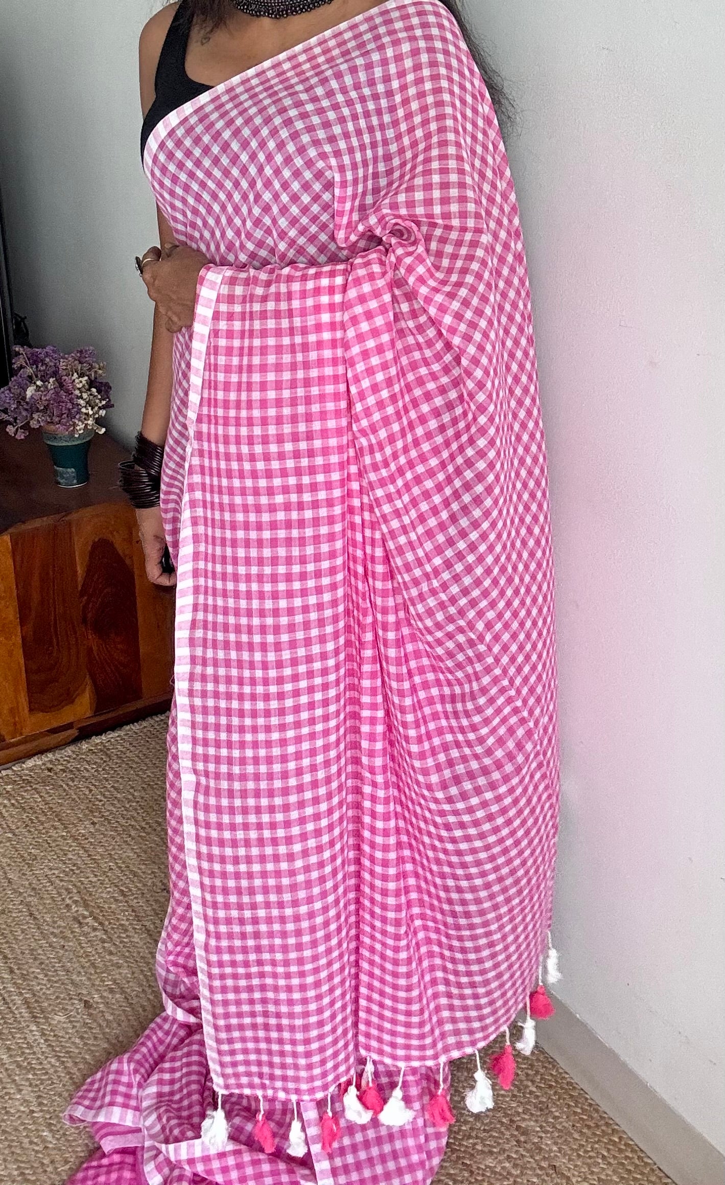 Hot pink and white checkered mul cotton saree  - YCBCMCCMA25