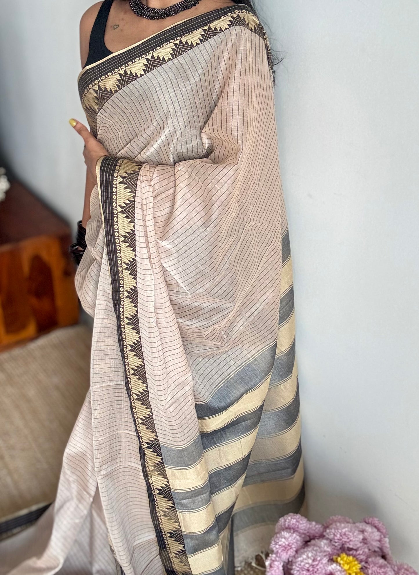 Cream striped premium narayanpet soft cotton, with temple motif and checkered border - YCWOTDNPNO83