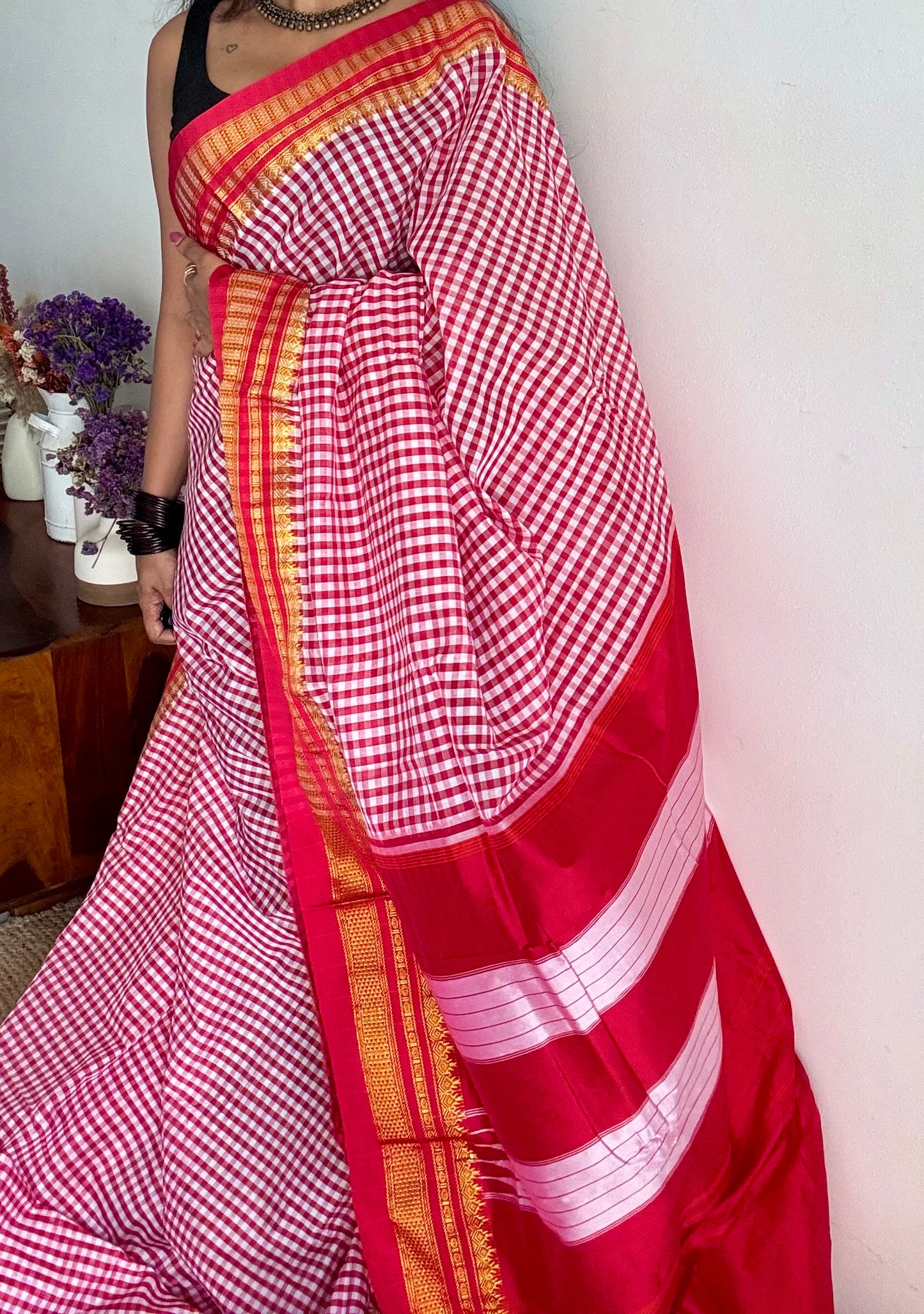 llkal red and white checks with chikki paras border, soft cotton with art silk blend - YCLOKICAP229
