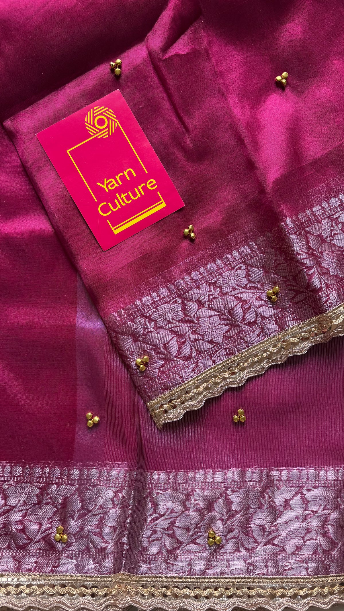 Raspberry pink silver tissue Banarasi saree with lace zari border - YCBLTOC68
