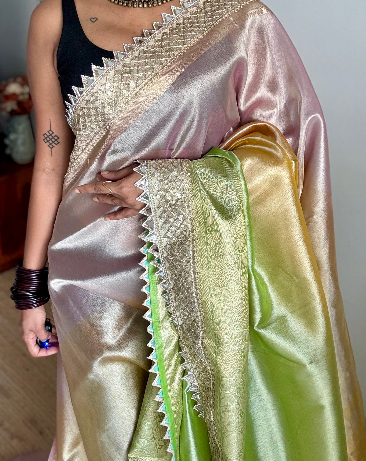 Pastel pink, green and yellow tissue Banarasi saree with embellished mirror border - YCBLTOC73