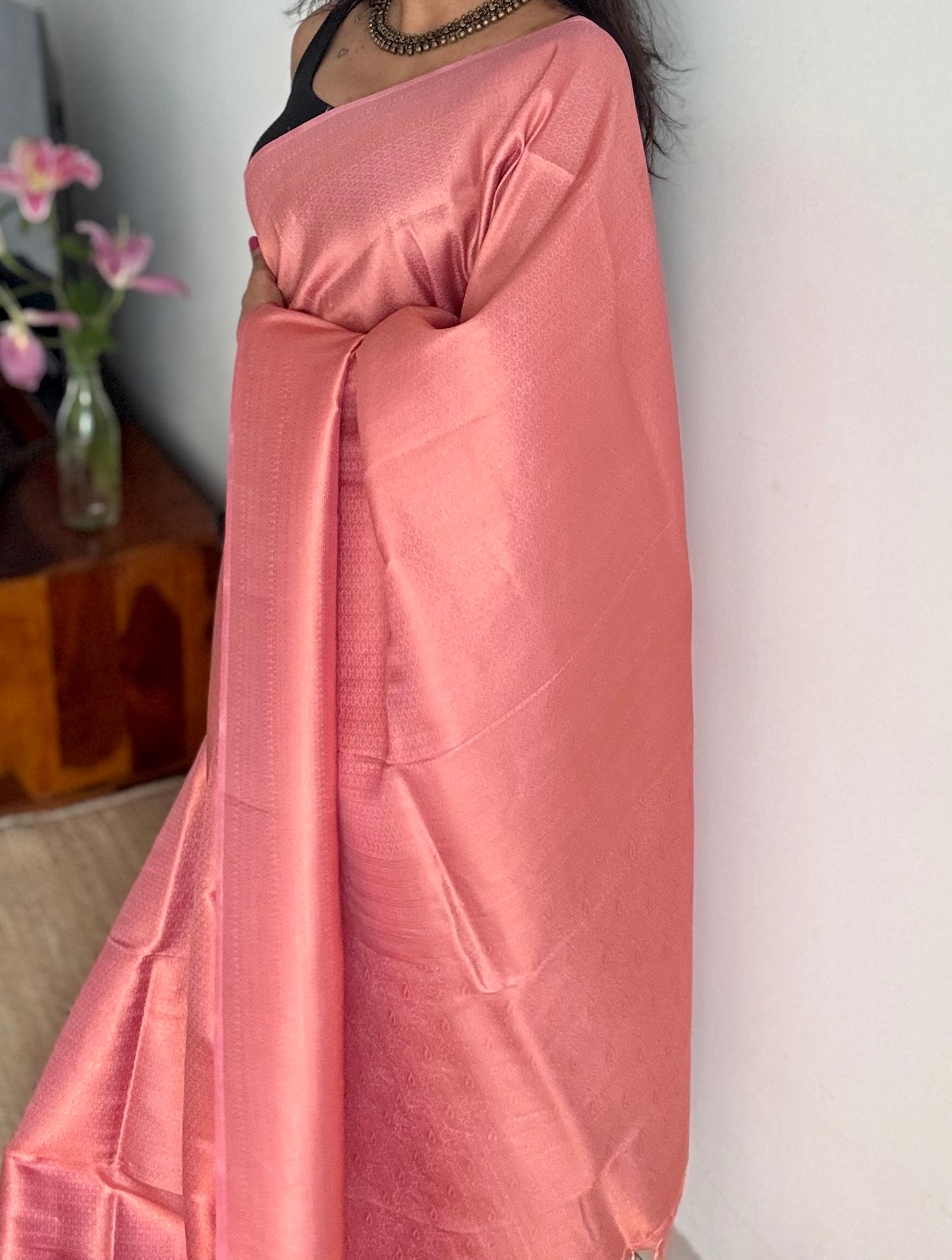 Peach, antique gold zari, semi -silk - YCDOSOCSS02