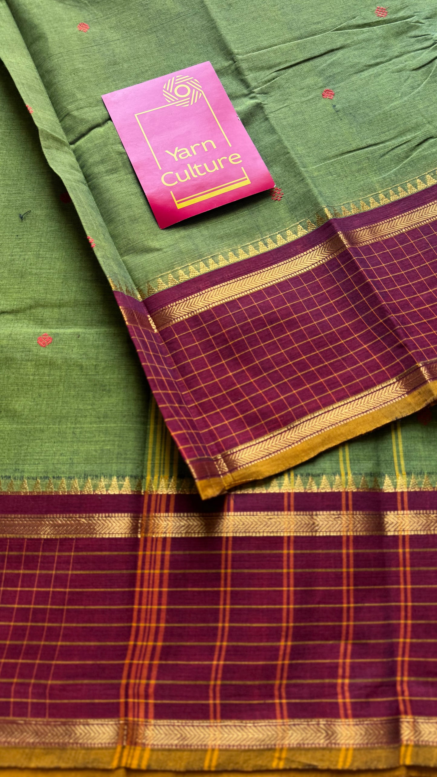 Green and maroon contrast, Chettinad cotton saree with checkered border  - YCCOTNMA271