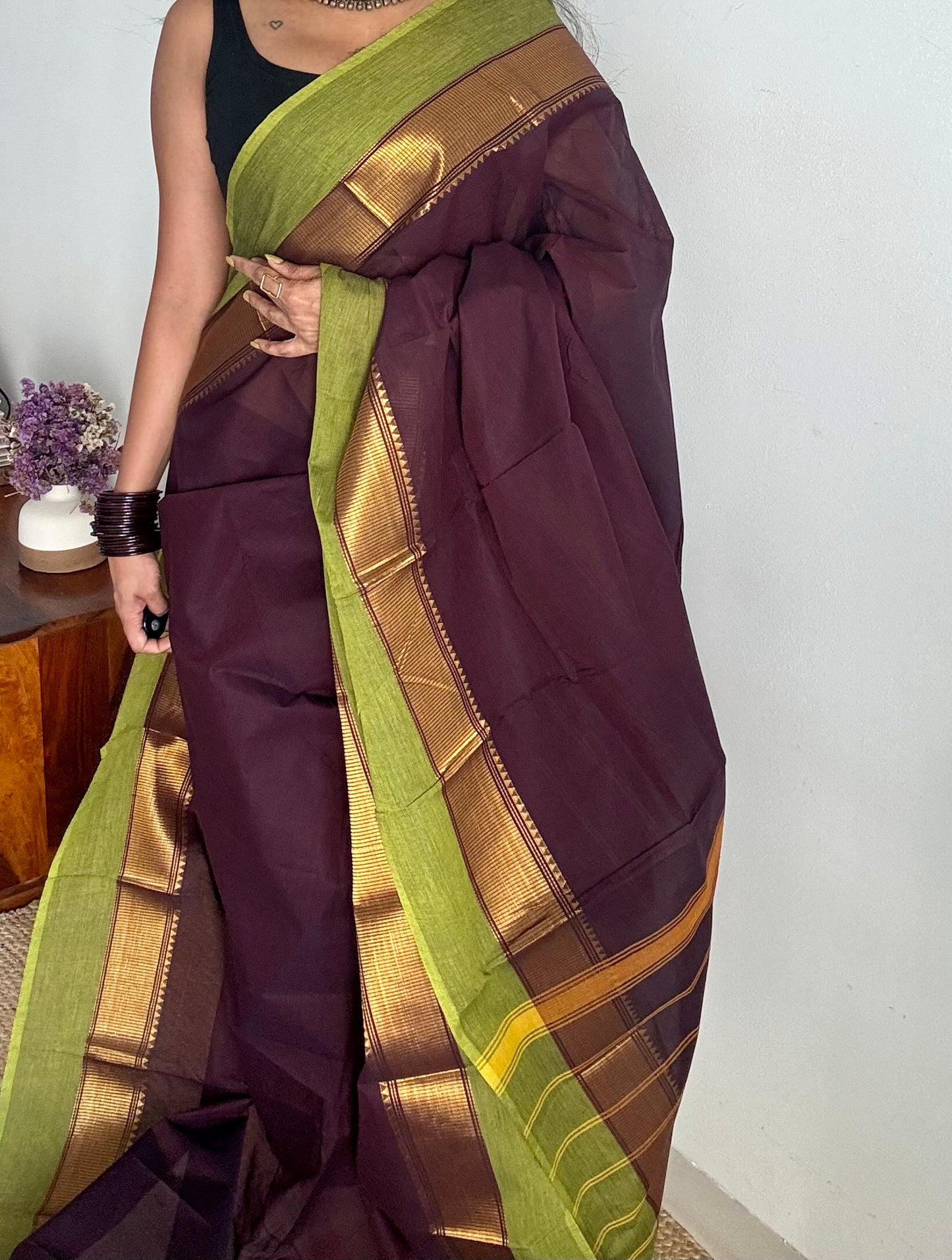 Chettinad cotton saree in brown with green and gold border - YCCOTNJUCC09