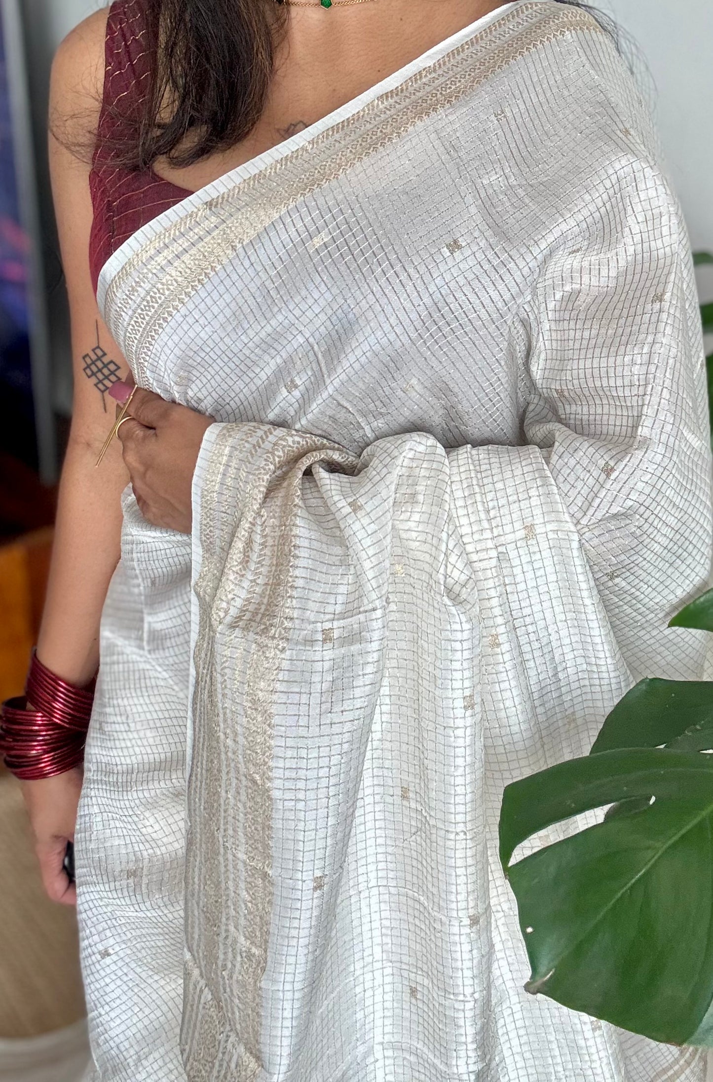 Off white and gold soft georgette saree, checks, gold border - YCIEON84