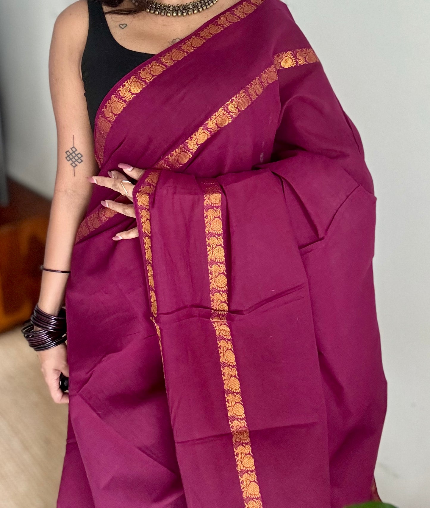 Dark purple pink (vadamalli) rettaipettu peacock double bordered, kattuchayam dyed madurai cotton saree  - YCCOTNMSJUL05