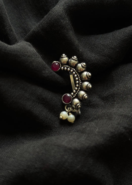Oxidised silver, ruby stone, clip on Maharashtrian nath - YCOSNC195