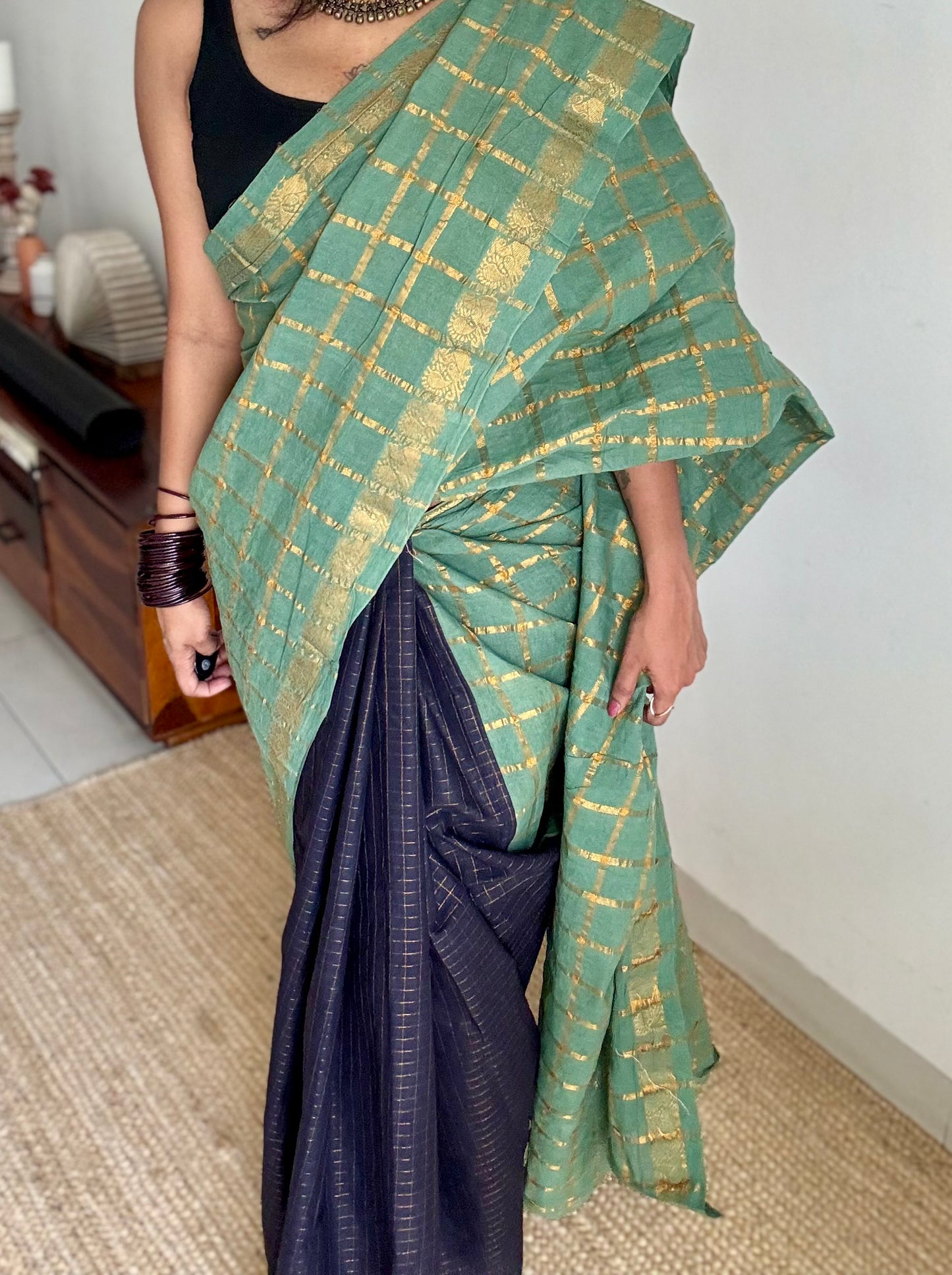 Mint green with black, sungudi cotton half-half saree - YCCOTNIDMA293
