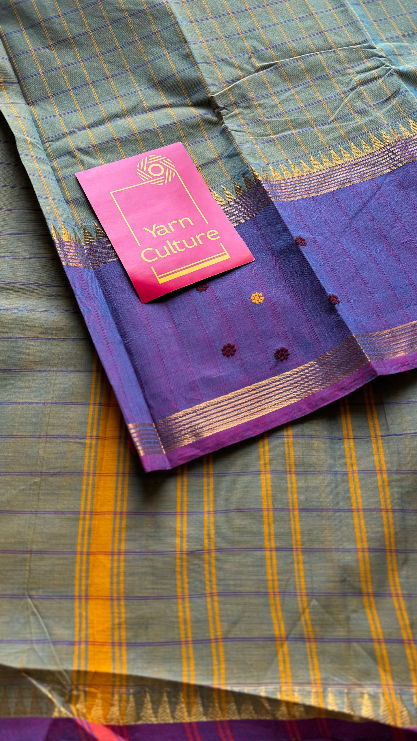 Grey and purple contrast, checkered Chettinad cotton saree - YCCOTNMA270