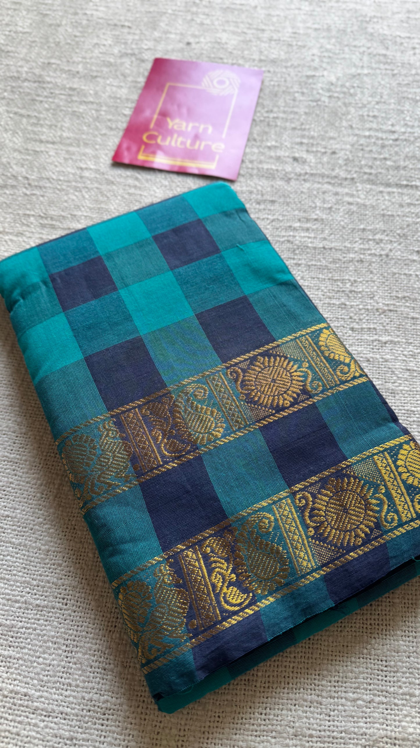 Turquoise and dark blue paalum pazhamum checkered kanchi cotton - YCCOTNKCDE81