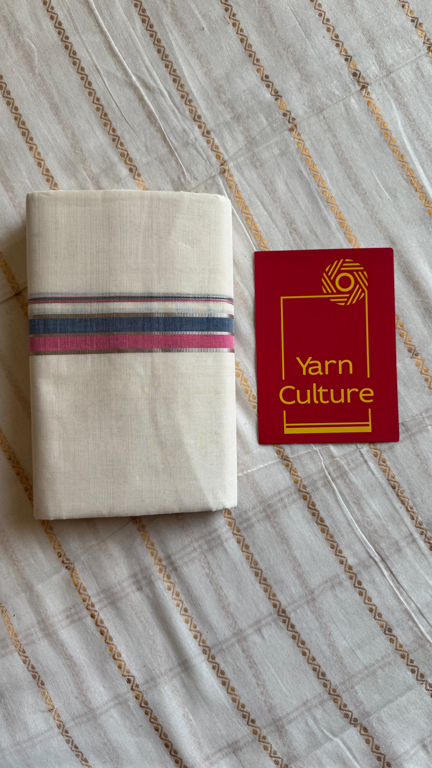Ivory Chendamangalam Handloom Double Mundu with Pink, Blue & Silver Kasavu Kara | Soft Cotton Men's Dhoti - YCMSEIE171
