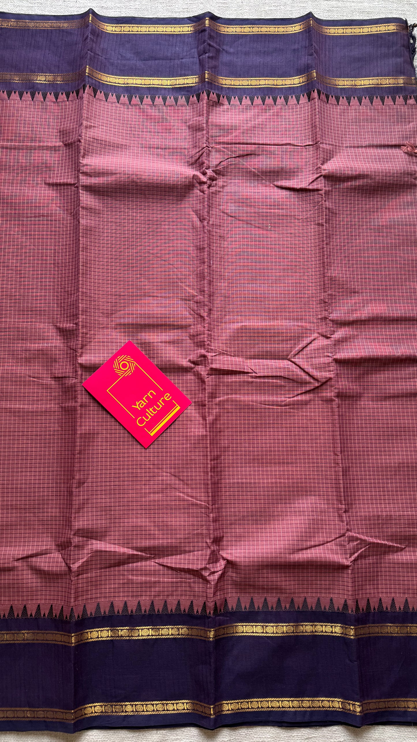 Dusty pink with deep purple border, temple motifs, checkered body, kanchi cotton - YCCOTNOCKC27