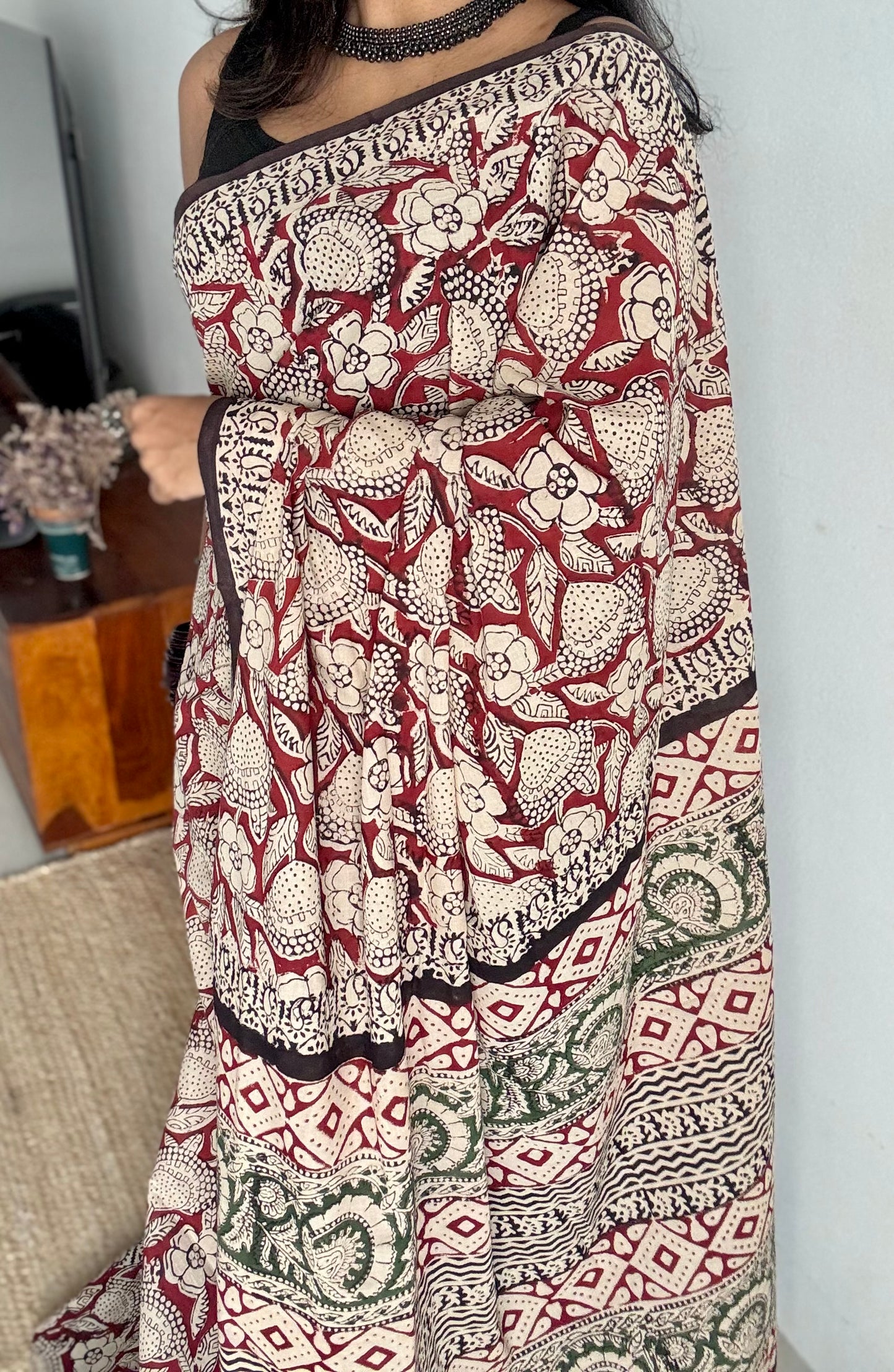 Kesar - a warm red with floral motifs, block print, soft cotton - YCWOTDNOBP90